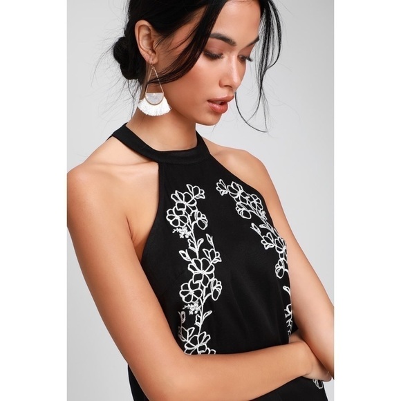 Lulu’s Floral Embroidered Black White Halter Neck Mini Formal Cute Party Dress - Picture 3 of 10